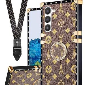 Luxury Brown and Gold Phone Case with Strap and ring holder Samsung S23